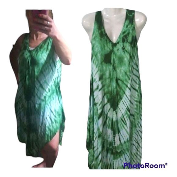 Sleeveless tie dye  dress or swimsuit cover with asymmetrical hem - Picture 1 of 10